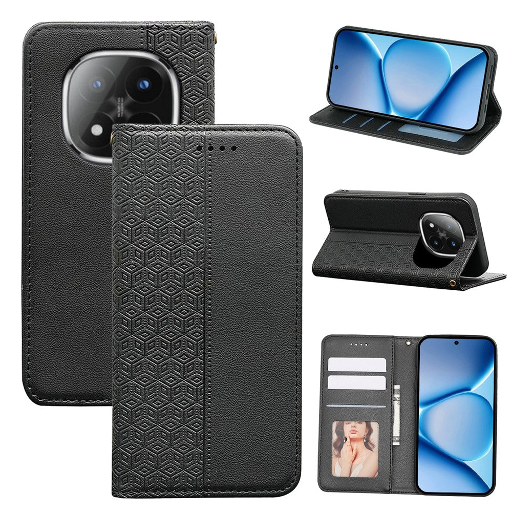 For Xiaomi Poco M8 Pro 5G / Redmi Note 15 Pro+ 5G (Global) Wallet Phone Case Checkered Pattern Imprint Leather Flip Cover with Wrist Strap - Black