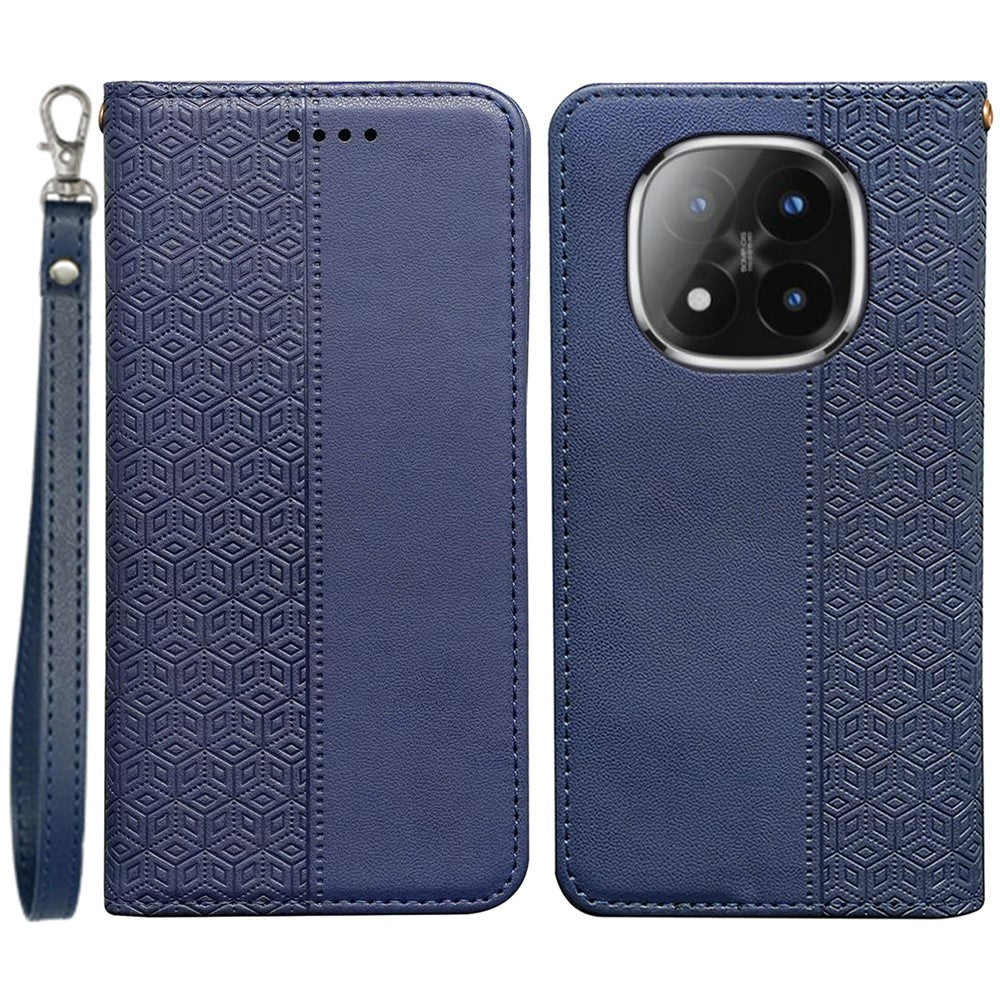 For Xiaomi Poco M8 Pro 5G / Redmi Note 15 Pro+ 5G (Global) Wallet Phone Case Checkered Pattern Imprint Leather Flip Cover with Wrist Strap - Blue
