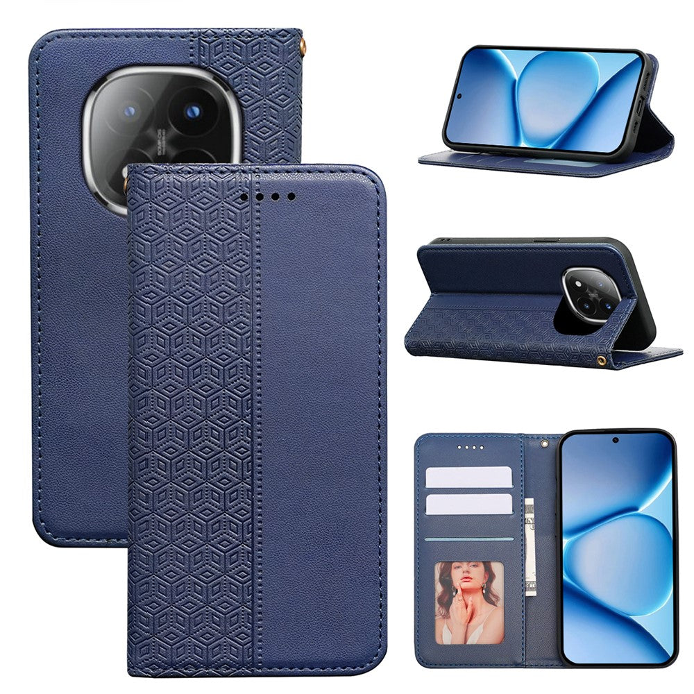 For Xiaomi Poco M8 Pro 5G / Redmi Note 15 Pro+ 5G (Global) Wallet Phone Case Checkered Pattern Imprint Leather Flip Cover with Wrist Strap - Blue