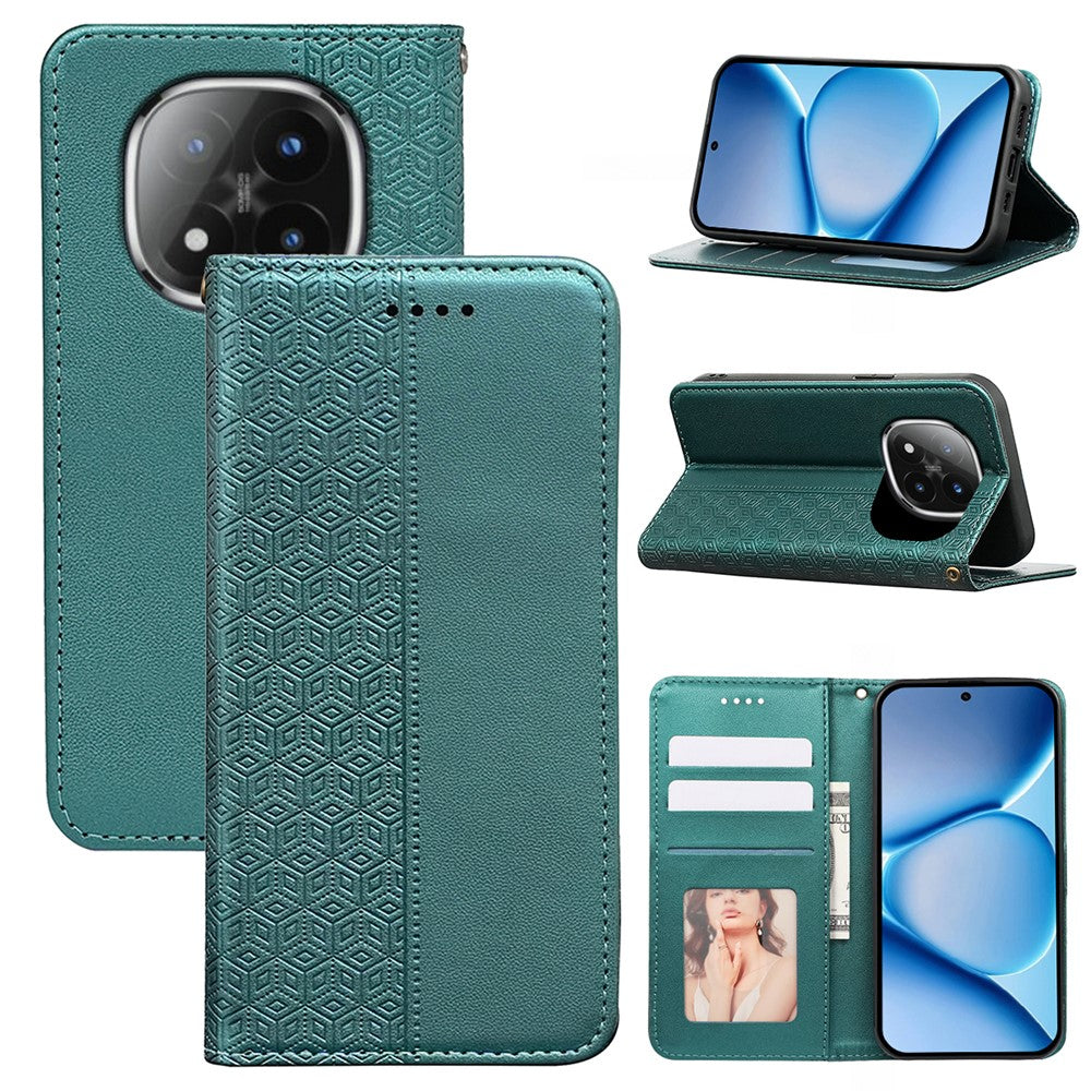 For Xiaomi Poco M8 Pro 5G / Redmi Note 15 Pro+ 5G (Global) Wallet Phone Case Checkered Pattern Imprint Leather Flip Cover with Wrist Strap - Green