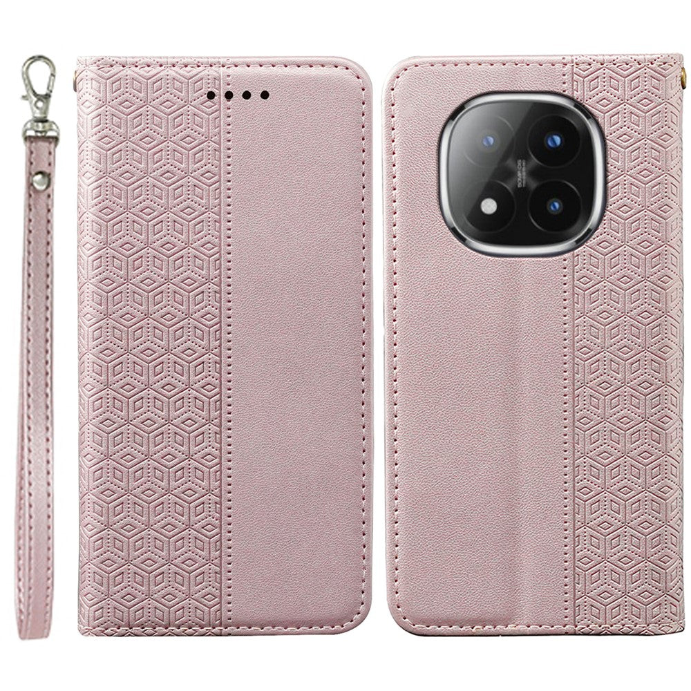 For Xiaomi Poco M8 Pro 5G / Redmi Note 15 Pro+ 5G (Global) Wallet Phone Case Checkered Pattern Imprint Leather Flip Cover with Wrist Strap - Rose Gold