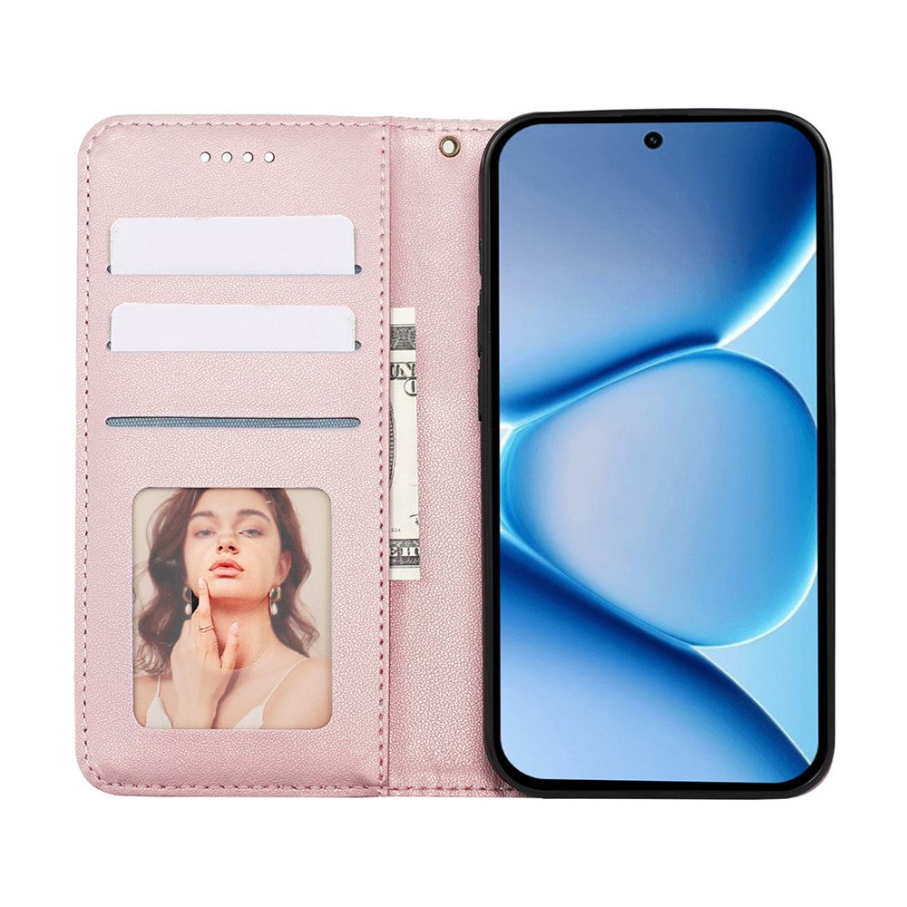 For Xiaomi Poco M8 Pro 5G / Redmi Note 15 Pro+ 5G (Global) Wallet Phone Case Checkered Pattern Imprint Leather Flip Cover with Wrist Strap - Rose Gold