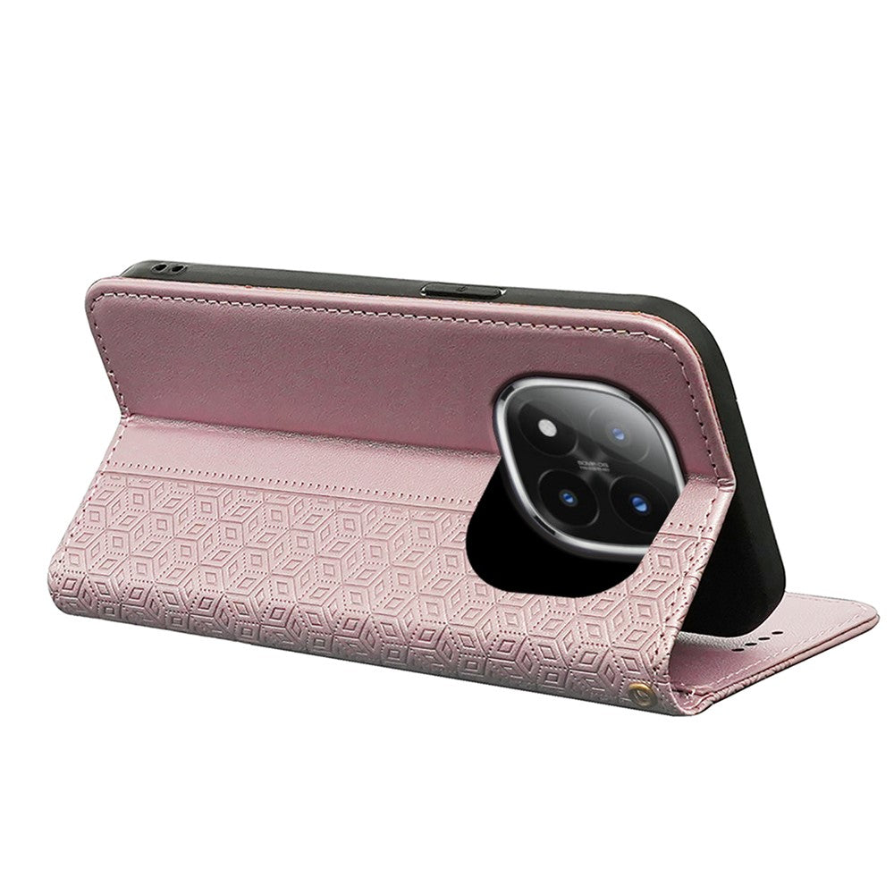 For Xiaomi Poco M8 Pro 5G / Redmi Note 15 Pro+ 5G (Global) Wallet Phone Case Checkered Pattern Imprint Leather Flip Cover with Wrist Strap - Rose Gold