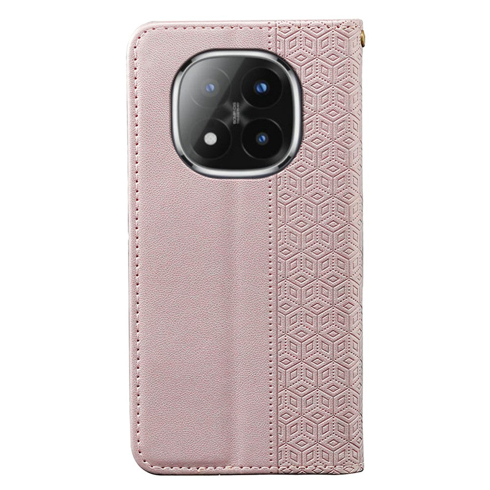 For Xiaomi Poco M8 Pro 5G / Redmi Note 15 Pro+ 5G (Global) Wallet Phone Case Checkered Pattern Imprint Leather Flip Cover with Wrist Strap - Rose Gold