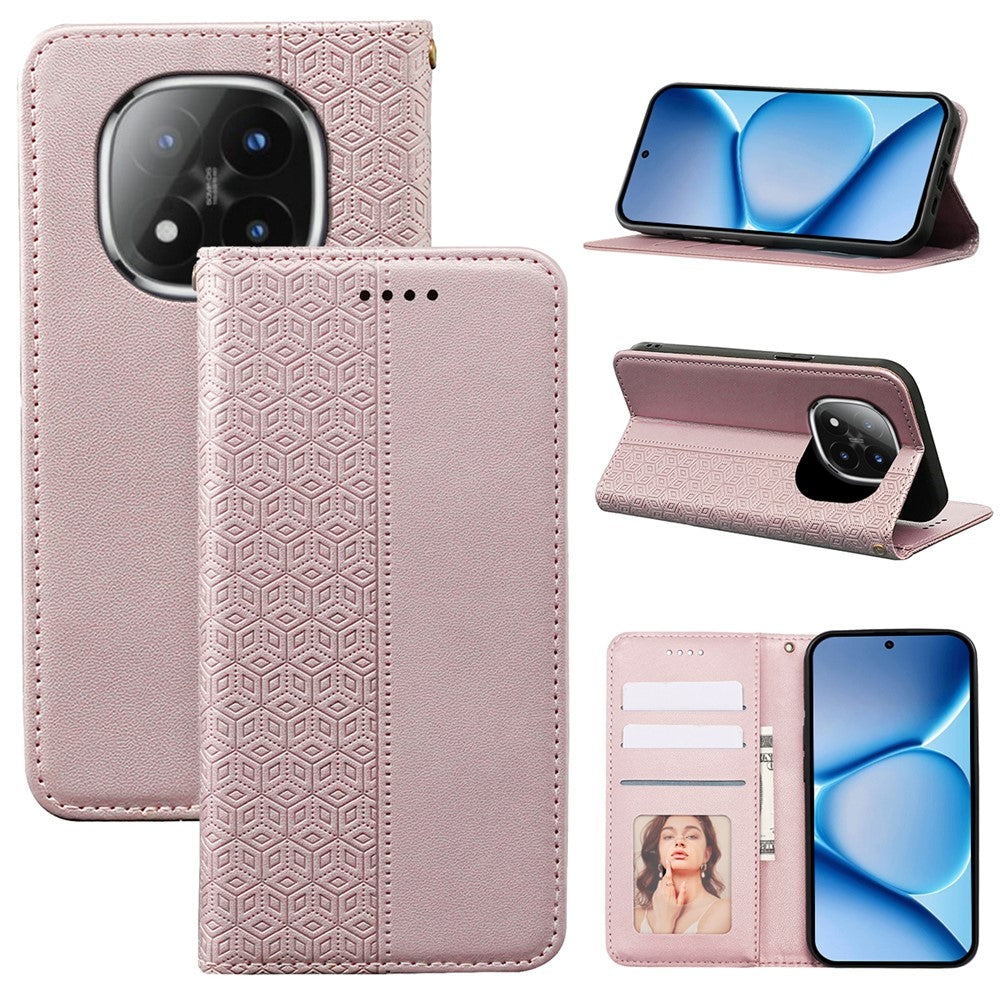 For Xiaomi Poco M8 Pro 5G / Redmi Note 15 Pro+ 5G (Global) Wallet Phone Case Checkered Pattern Imprint Leather Flip Cover with Wrist Strap - Rose Gold