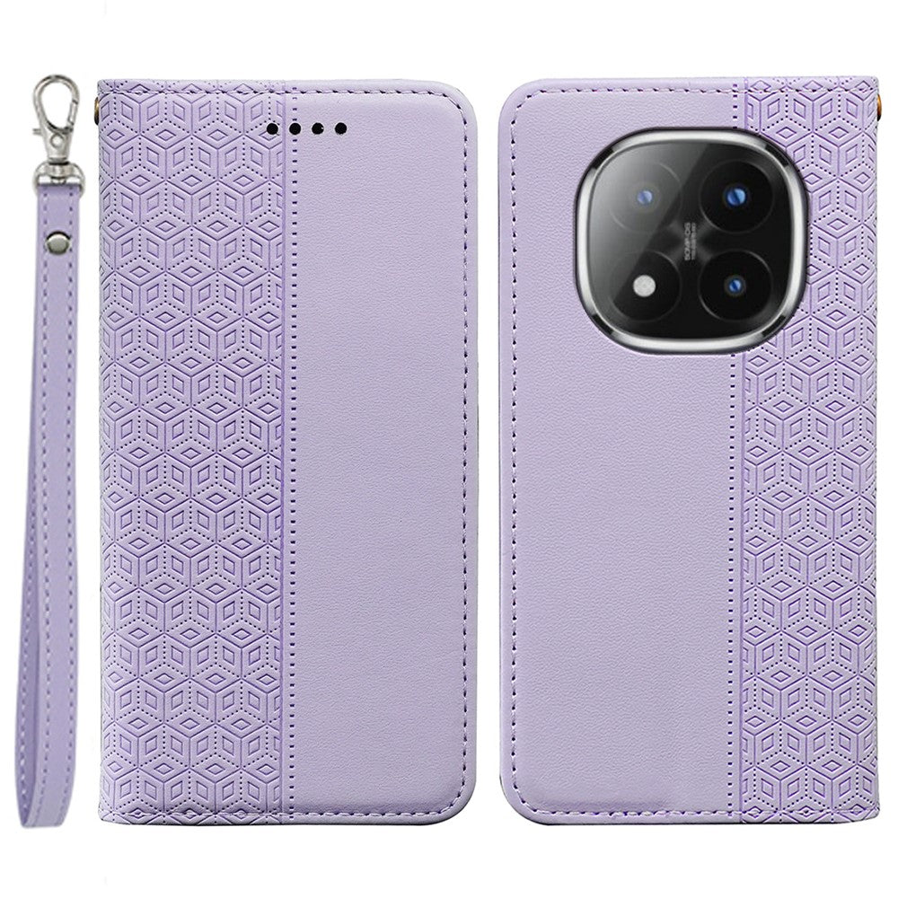 For Xiaomi Poco M8 Pro 5G / Redmi Note 15 Pro+ 5G (Global) Wallet Phone Case Checkered Pattern Imprint Leather Flip Cover with Wrist Strap - Purple