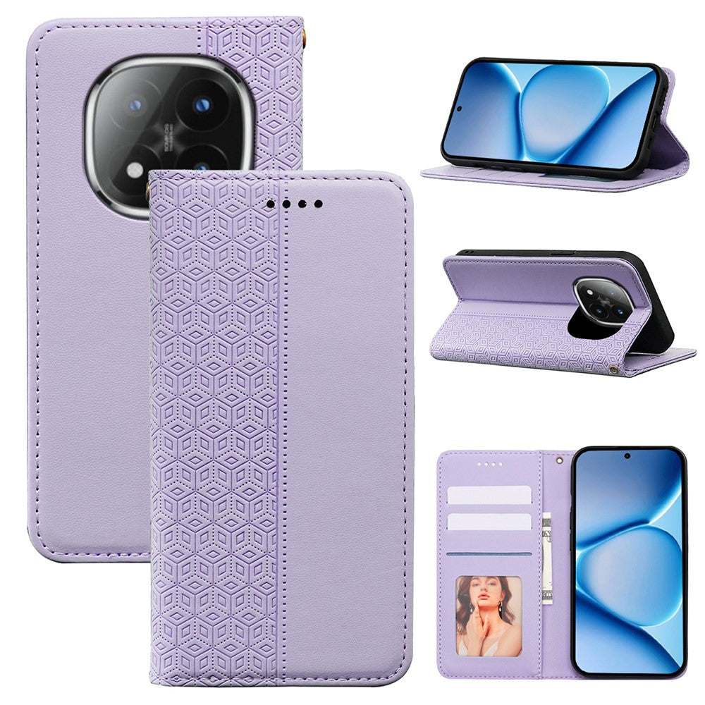 For Xiaomi Poco M8 Pro 5G / Redmi Note 15 Pro+ 5G (Global) Wallet Phone Case Checkered Pattern Imprint Leather Flip Cover with Wrist Strap - Purple