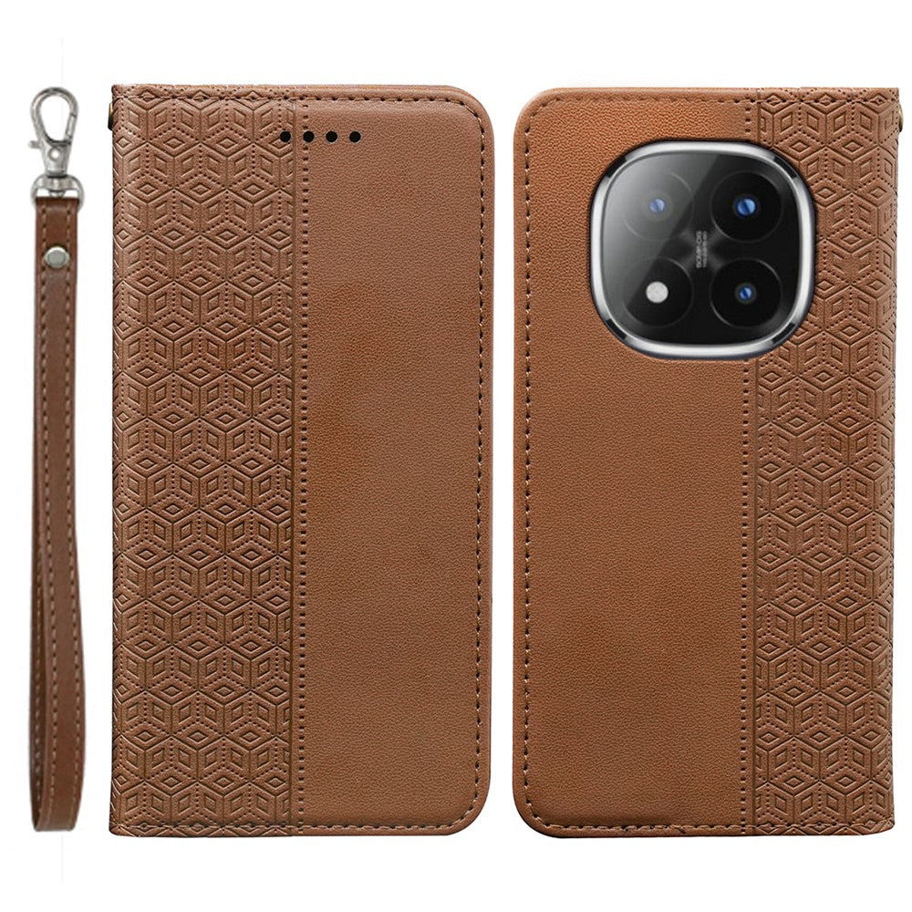 For Xiaomi Poco M8 Pro 5G / Redmi Note 15 Pro+ 5G (Global) Wallet Phone Case Checkered Pattern Imprint Leather Flip Cover with Wrist Strap - Brown