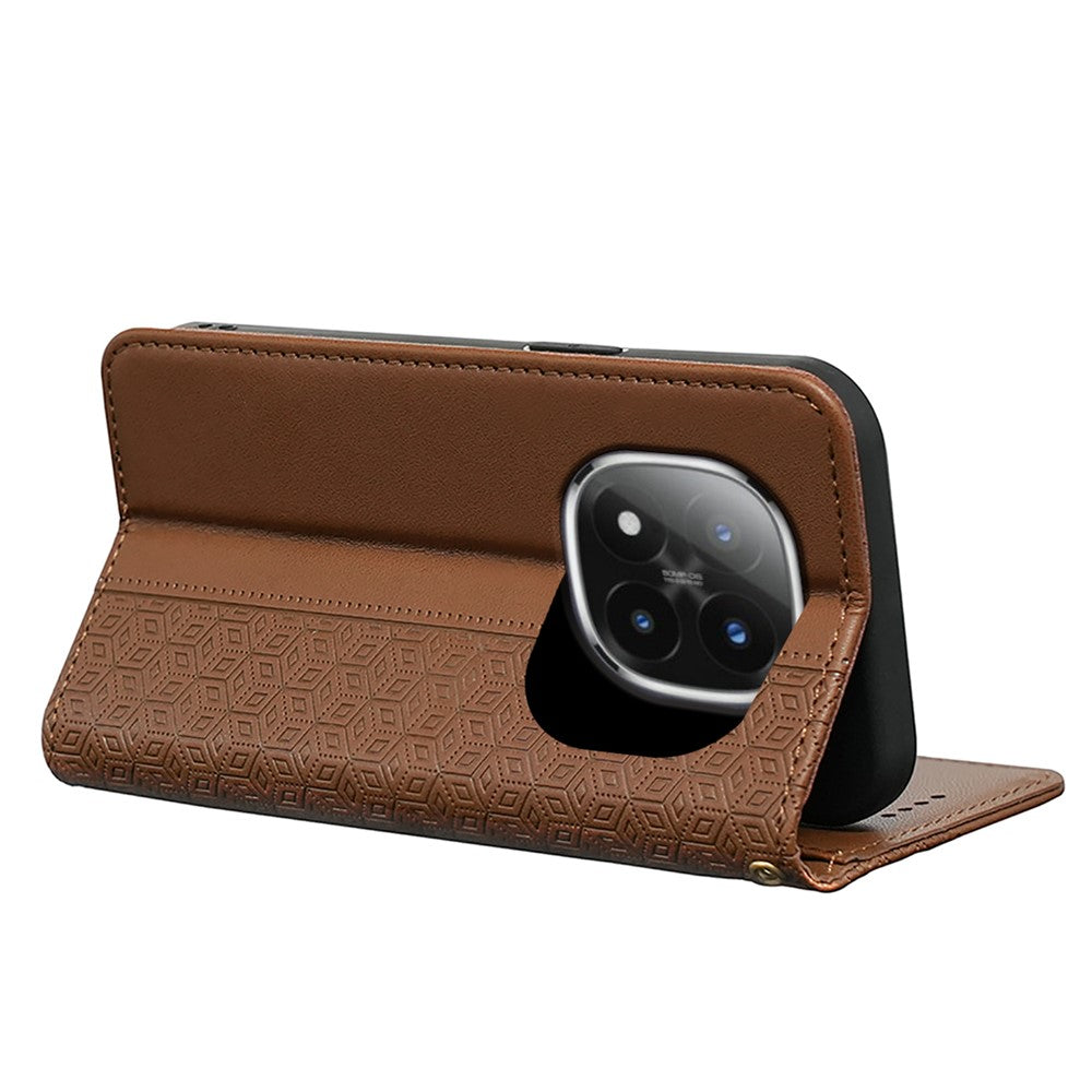 For Xiaomi Poco M8 Pro 5G / Redmi Note 15 Pro+ 5G (Global) Wallet Phone Case Checkered Pattern Imprint Leather Flip Cover with Wrist Strap - Brown