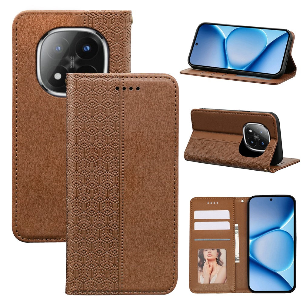 For Xiaomi Poco M8 Pro 5G / Redmi Note 15 Pro+ 5G (Global) Wallet Phone Case Checkered Pattern Imprint Leather Flip Cover with Wrist Strap - Brown