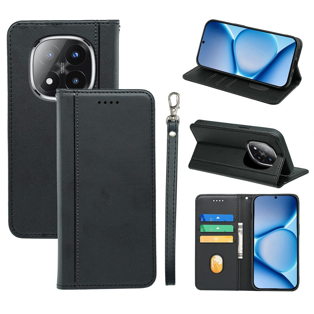 For Xiaomi Poco M8 Pro 5G / Redmi Note 15 Pro+ 5G (Global) Wallet Case Magnetic Closing PU Leather Phone Cover with Wrist Strap - Black