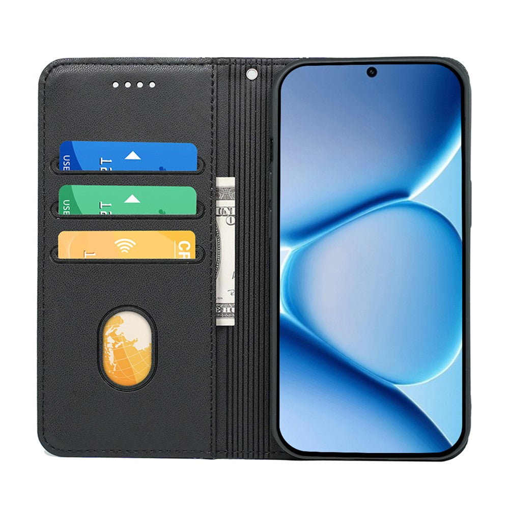 For Xiaomi Poco M8 Pro 5G / Redmi Note 15 Pro+ 5G (Global) Wallet Case Magnetic Closing PU Leather Phone Cover with Wrist Strap - Black