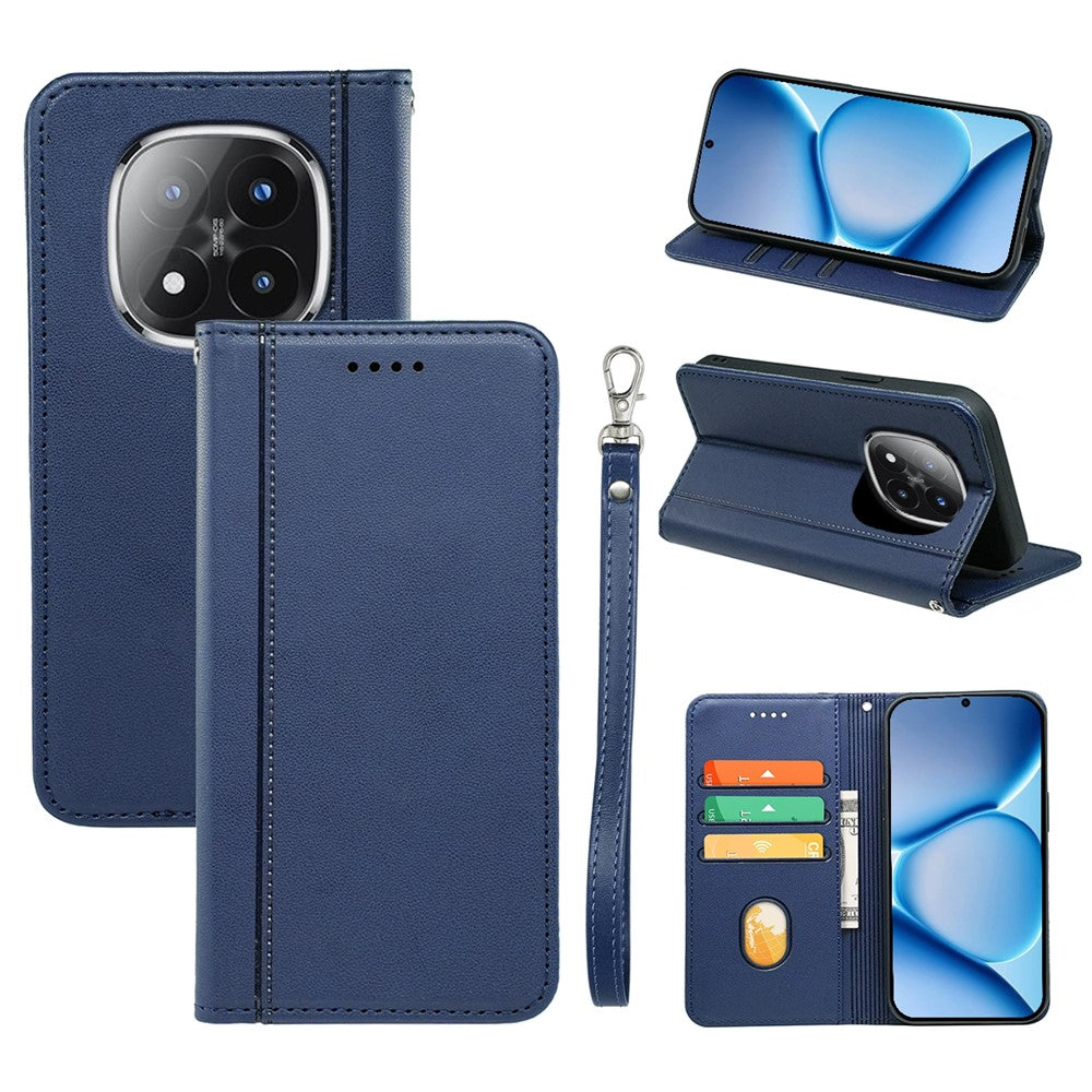For Xiaomi Poco M8 Pro 5G / Redmi Note 15 Pro+ 5G (Global) Wallet Case Magnetic Closing PU Leather Phone Cover with Wrist Strap - Blue