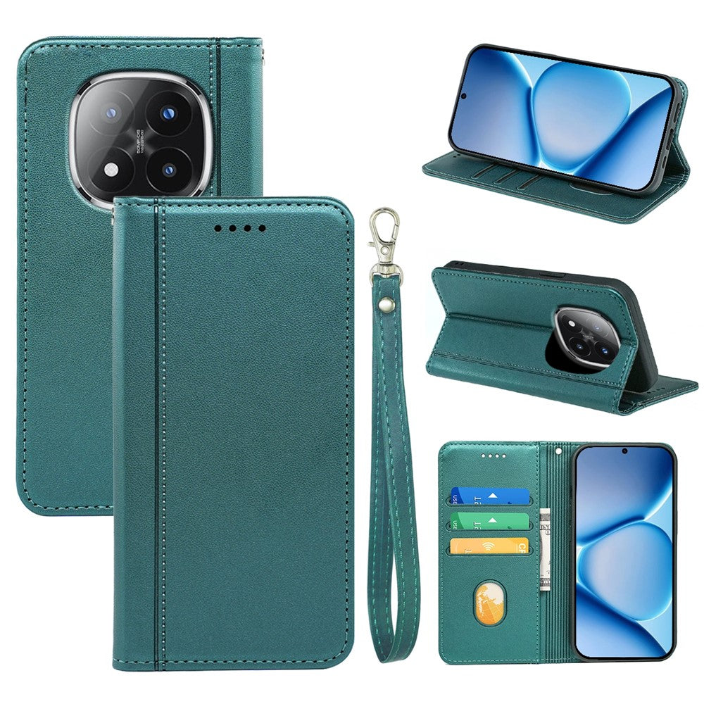For Xiaomi Poco M8 Pro 5G / Redmi Note 15 Pro+ 5G (Global) Wallet Case Magnetic Closing PU Leather Phone Cover with Wrist Strap - Green