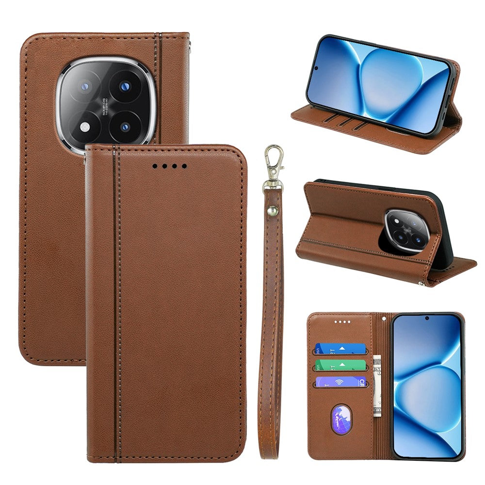 For Xiaomi Poco M8 Pro 5G / Redmi Note 15 Pro+ 5G (Global) Wallet Case Magnetic Closing PU Leather Phone Cover with Wrist Strap - Brown