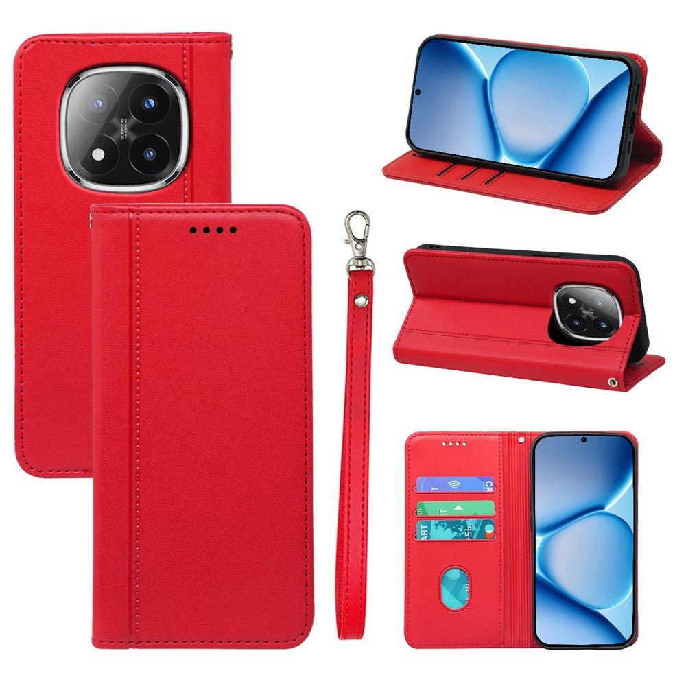 For Xiaomi Poco M8 Pro 5G / Redmi Note 15 Pro+ 5G (Global) Wallet Case Magnetic Closing PU Leather Phone Cover with Wrist Strap - Red