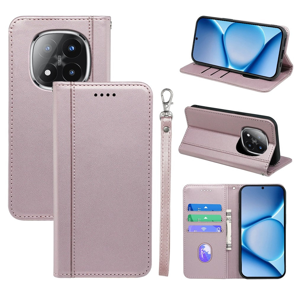 For Xiaomi Poco M8 Pro 5G / Redmi Note 15 Pro+ 5G (Global) Wallet Case Magnetic Closing PU Leather Phone Cover with Wrist Strap - Rose Gold