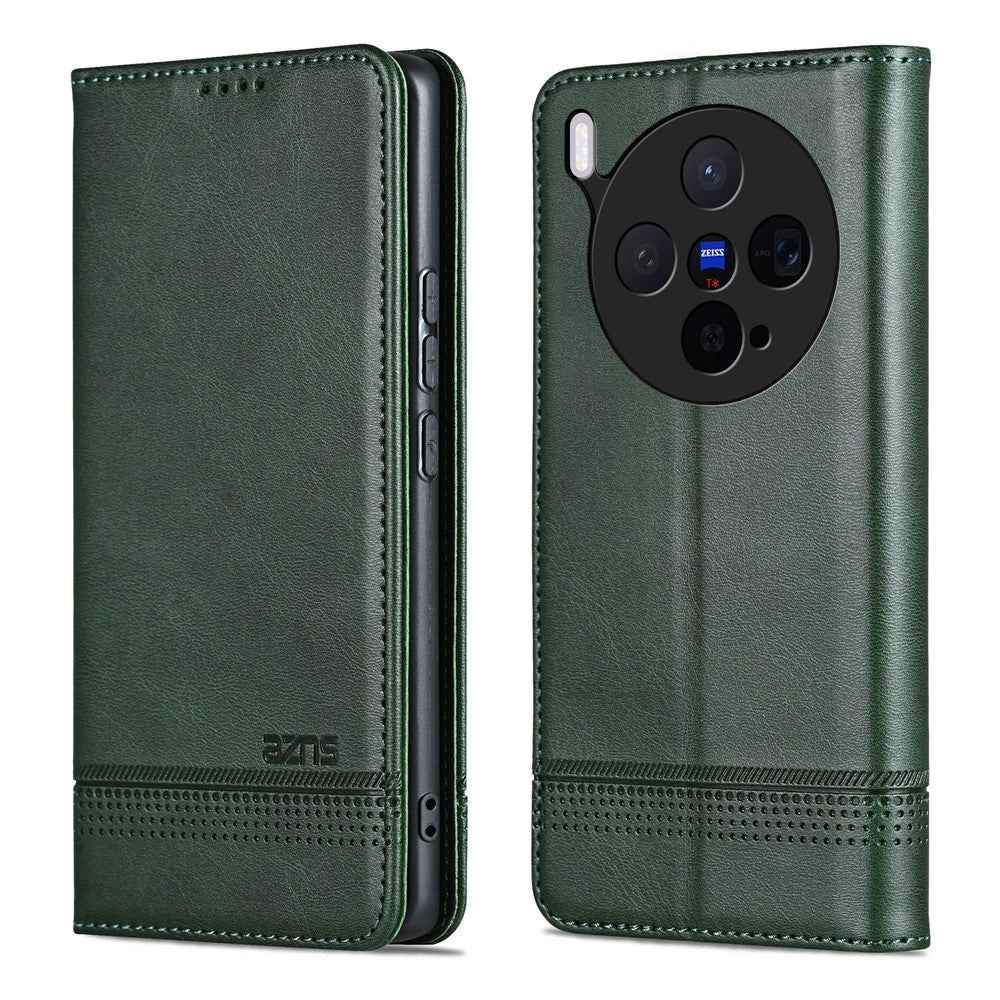 AZNS For vivo X300 5G Case Cowhide Texture PU Leather Wallet Phone Cover - Green
