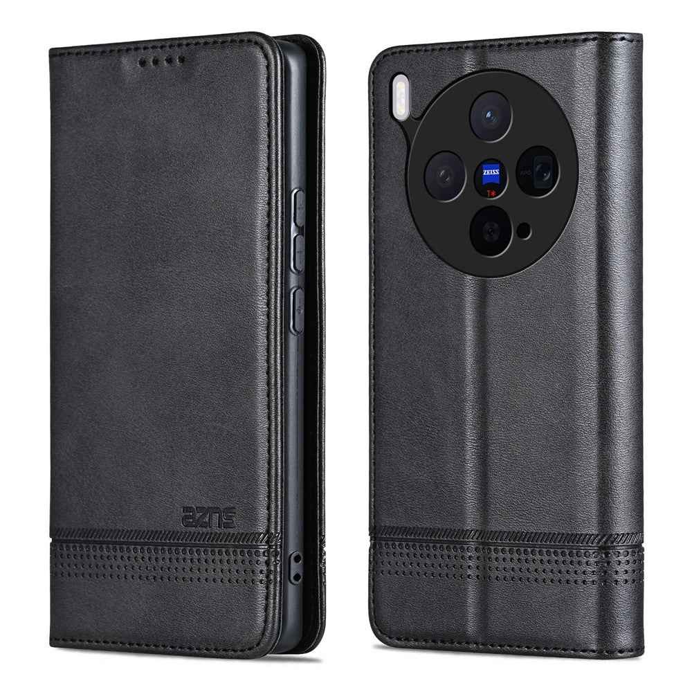 AZNS For vivo X300 5G Case Cowhide Texture PU Leather Wallet Phone Cover - Black