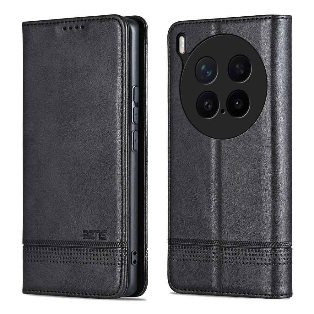 AZNS For vivo X300 Pro 5G Case Cowhide Texture PU Leather Wallet Phone Cover - Black