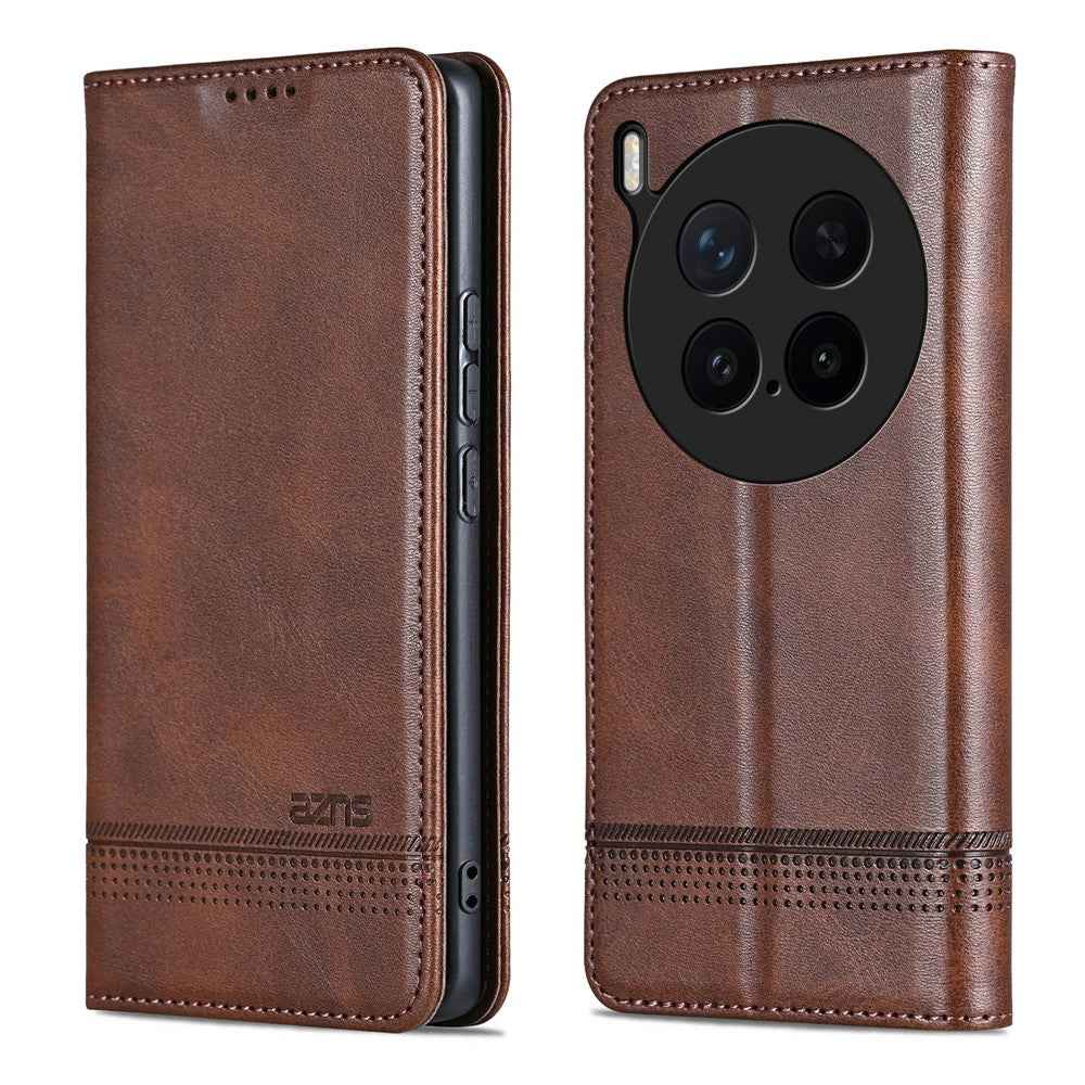 AZNS For vivo X300 Pro 5G Case Cowhide Texture PU Leather Wallet Phone Cover - Coffee