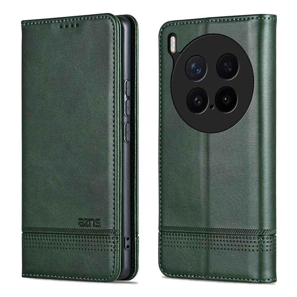 AZNS For vivo X300 Pro 5G Case Cowhide Texture PU Leather Wallet Phone Cover - Green