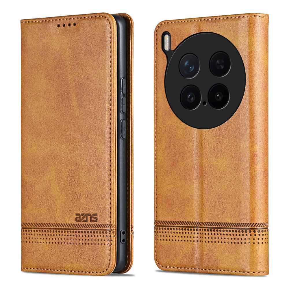 AZNS For vivo X300 Pro 5G Case Cowhide Texture PU Leather Wallet Phone Cover - Brown