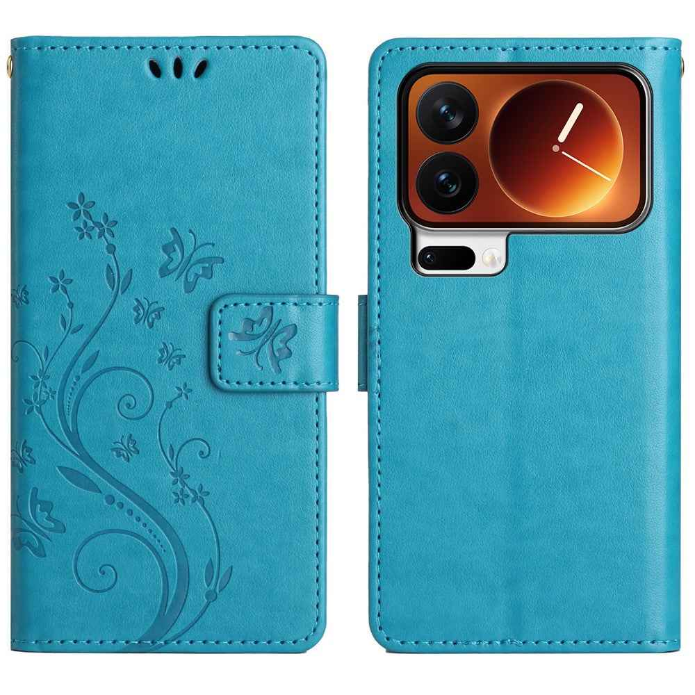 For Xiaomi 17 Pro Leather Wallet Case Butterfly Flower Imprinted Phone Cover with Strap - Blue
