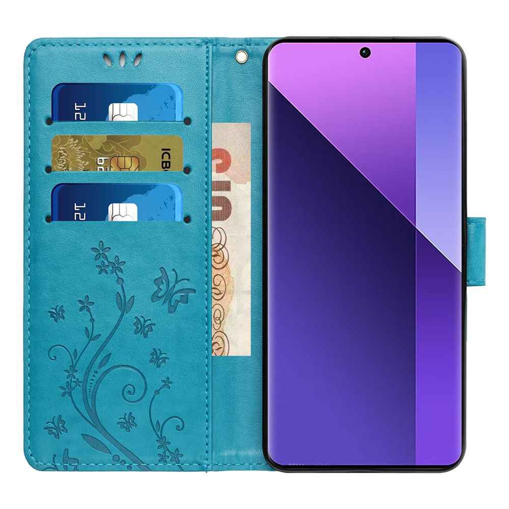 For Xiaomi 17 Pro Leather Wallet Case Butterfly Flower Imprinted Phone Cover with Strap - Blue
