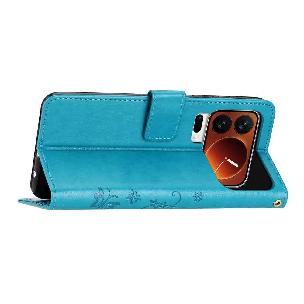 For Xiaomi 17 Pro Leather Wallet Case Butterfly Flower Imprinted Phone Cover with Strap - Blue