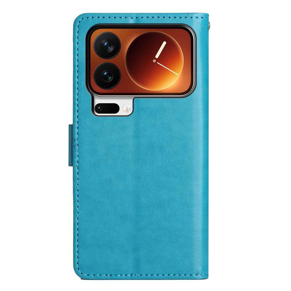 For Xiaomi 17 Pro Leather Wallet Case Butterfly Flower Imprinted Phone Cover with Strap - Blue