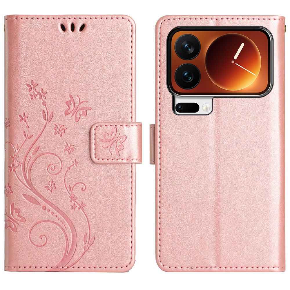 For Xiaomi 17 Pro Leather Wallet Case Butterfly Flower Imprinted Phone Cover with Strap - Rose Gold