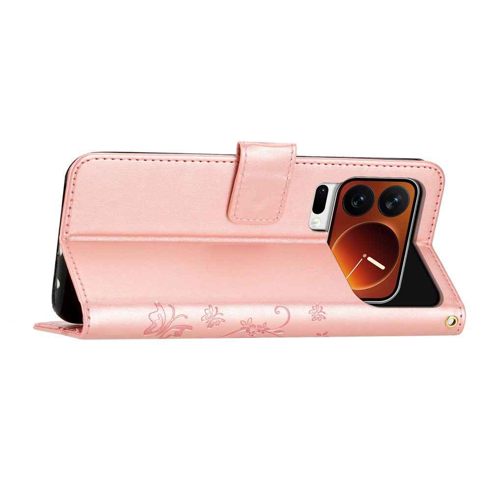 For Xiaomi 17 Pro Leather Wallet Case Butterfly Flower Imprinted Phone Cover with Strap - Rose Gold