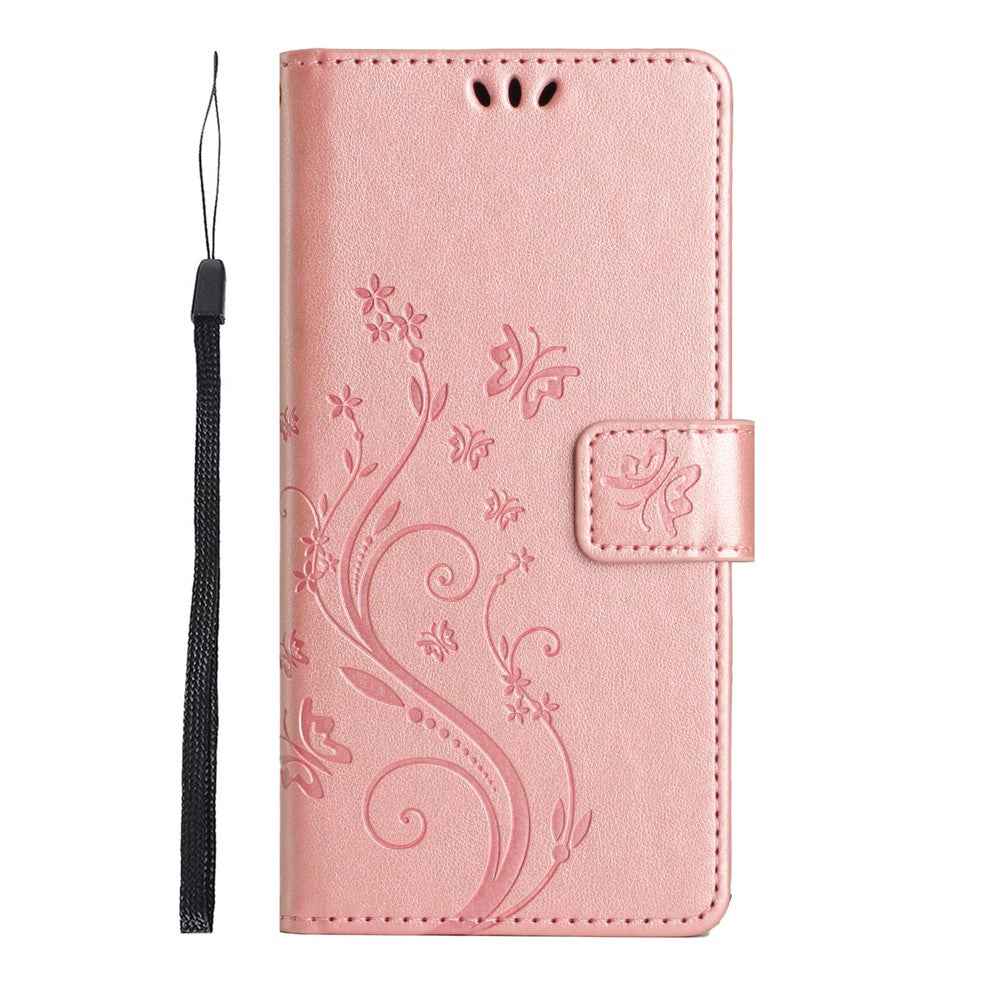 For Xiaomi 17 Pro Leather Wallet Case Butterfly Flower Imprinted Phone Cover with Strap - Rose Gold