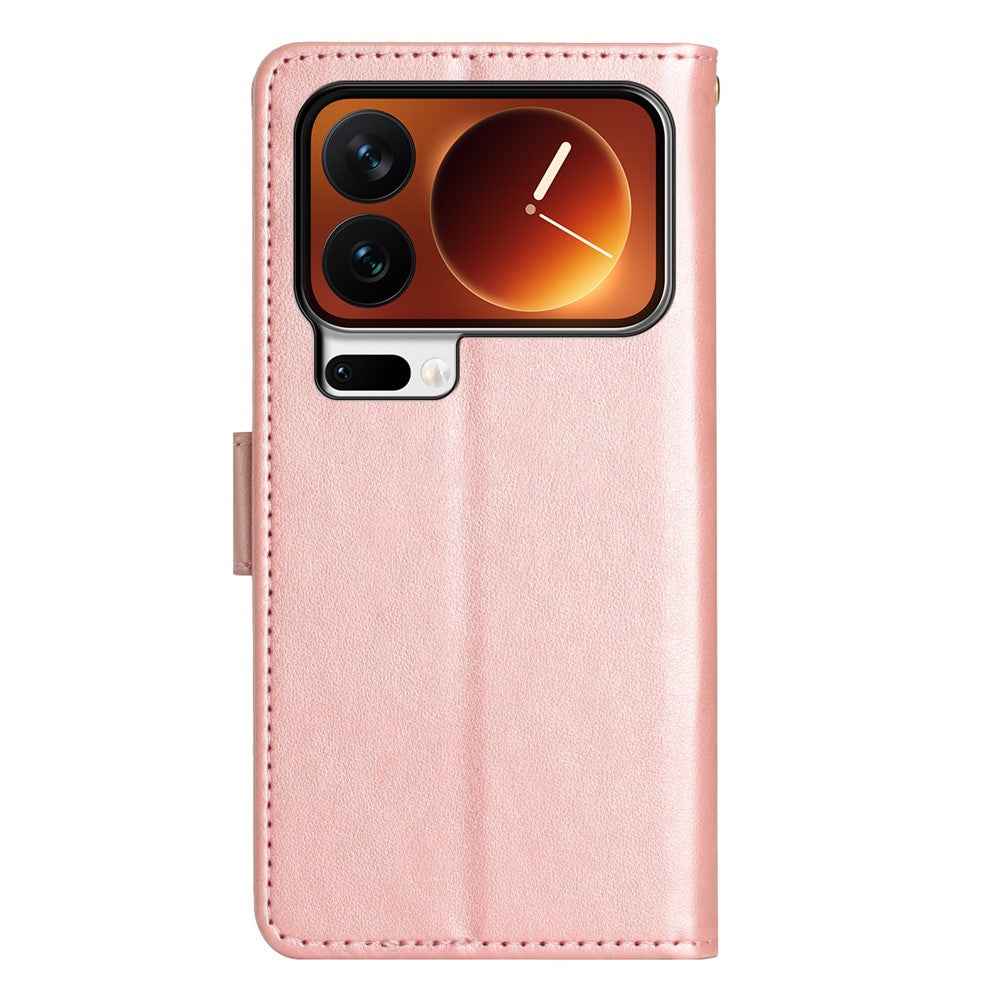 For Xiaomi 17 Pro Leather Wallet Case Butterfly Flower Imprinted Phone Cover with Strap - Rose Gold