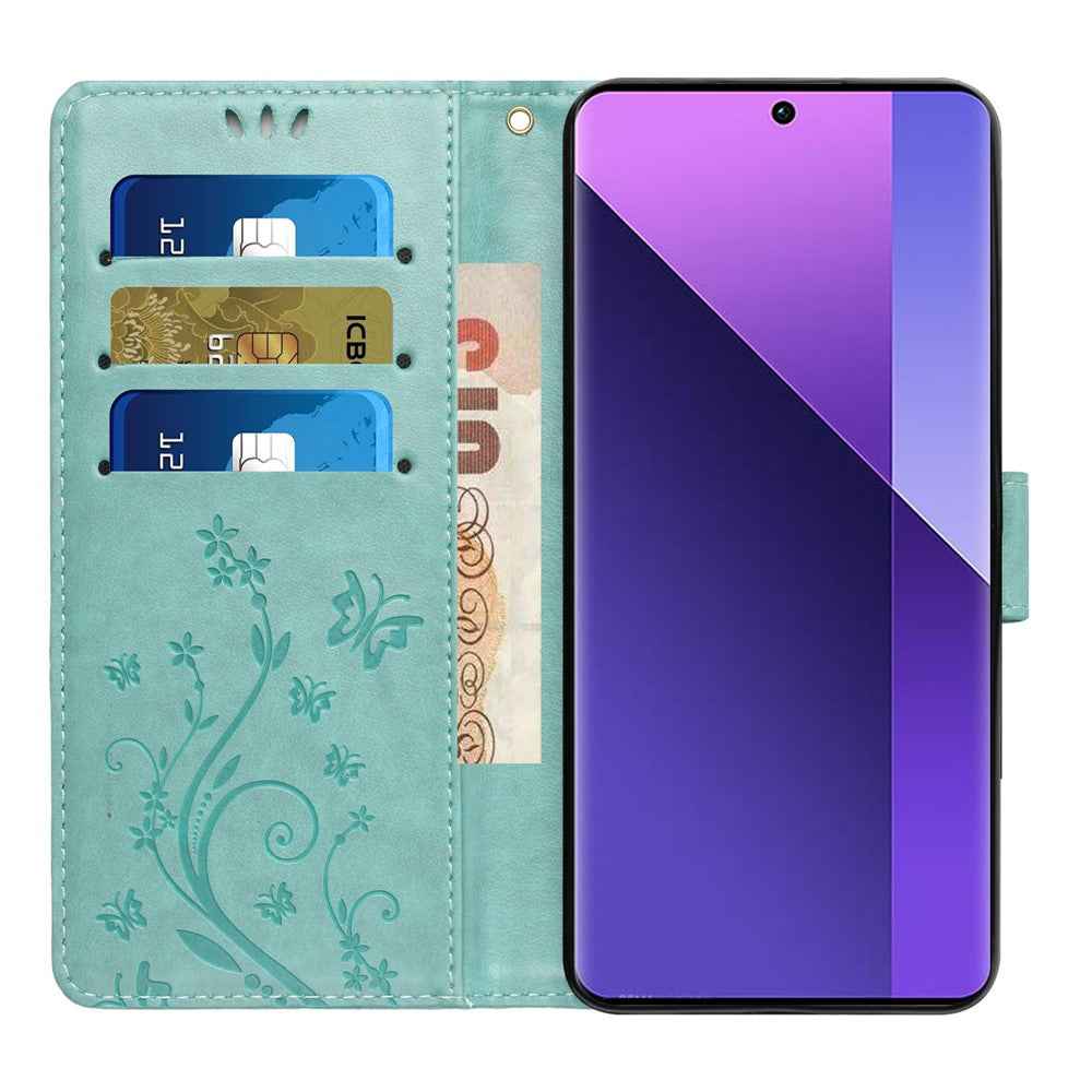 For Xiaomi 17 Pro Leather Wallet Case Butterfly Flower Imprinted Phone Cover with Strap - Green