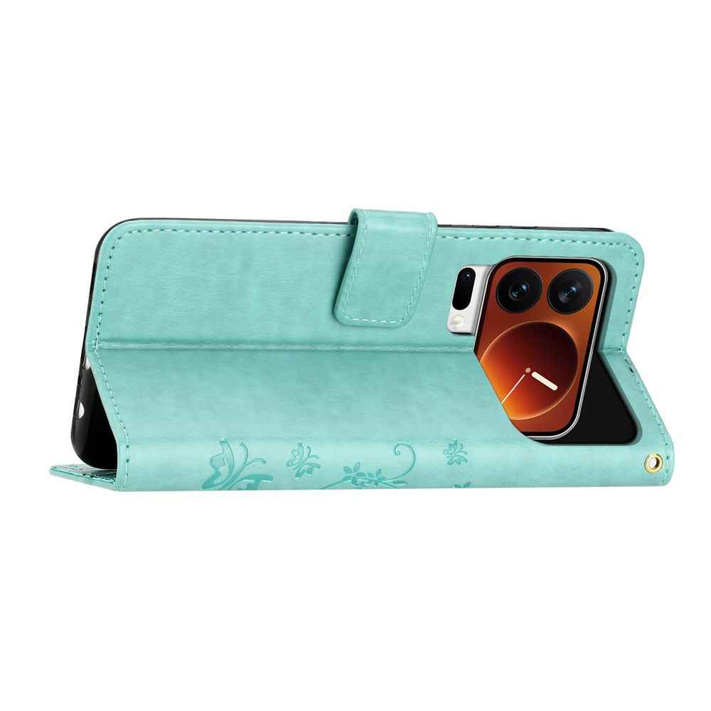 For Xiaomi 17 Pro Leather Wallet Case Butterfly Flower Imprinted Phone Cover with Strap - Green