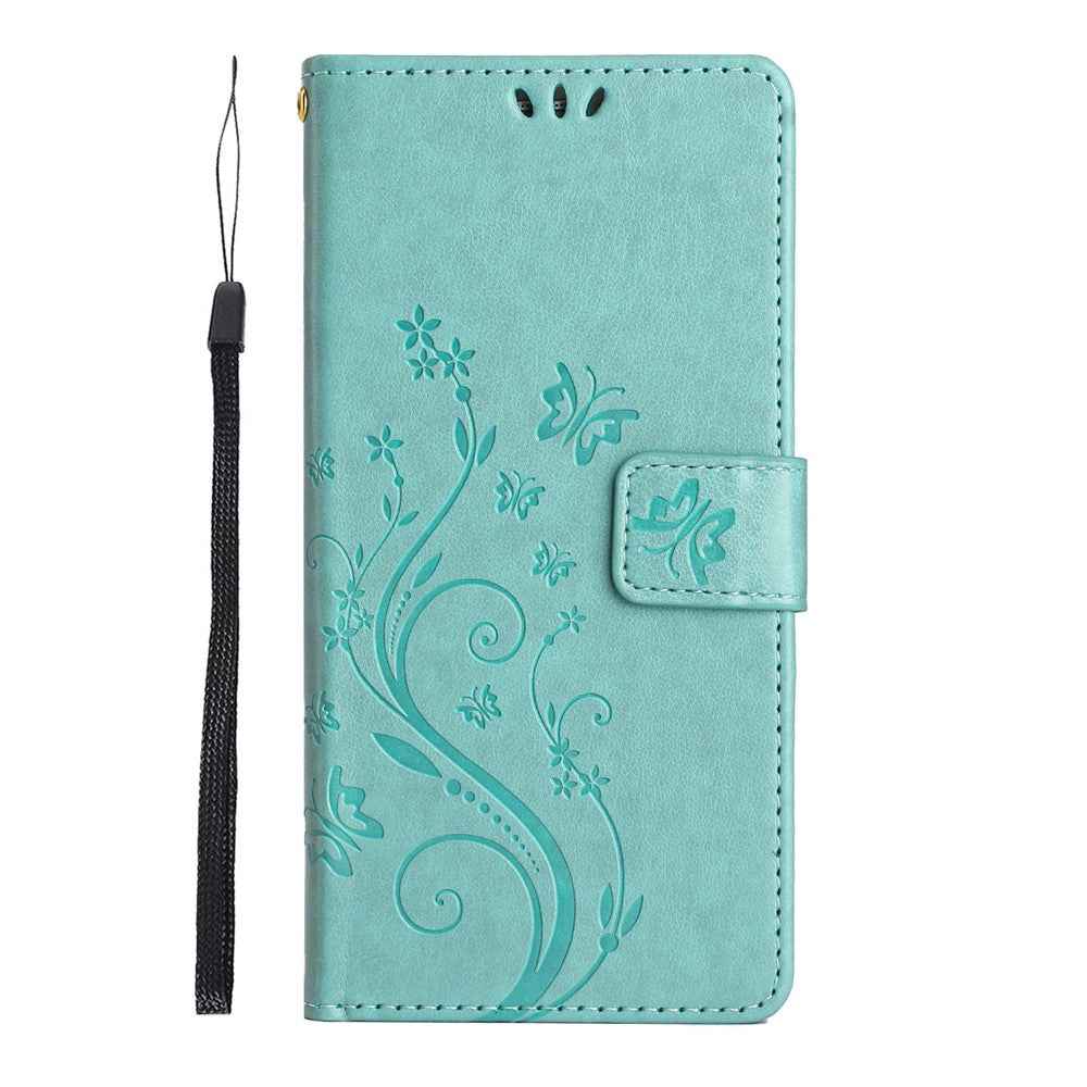 For Xiaomi 17 Pro Leather Wallet Case Butterfly Flower Imprinted Phone Cover with Strap - Green