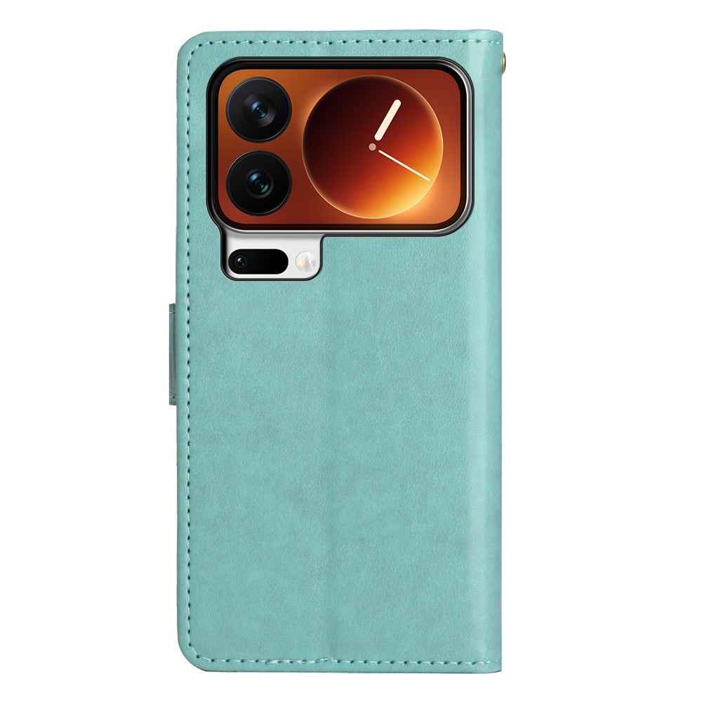 For Xiaomi 17 Pro Leather Wallet Case Butterfly Flower Imprinted Phone Cover with Strap - Green