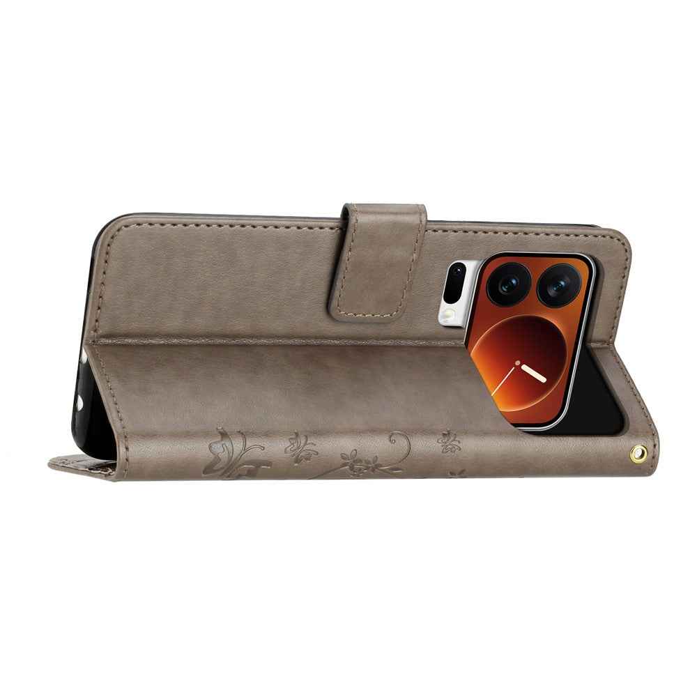 For Xiaomi 17 Pro Leather Wallet Case Butterfly Flower Imprinted Phone Cover with Strap - Grey