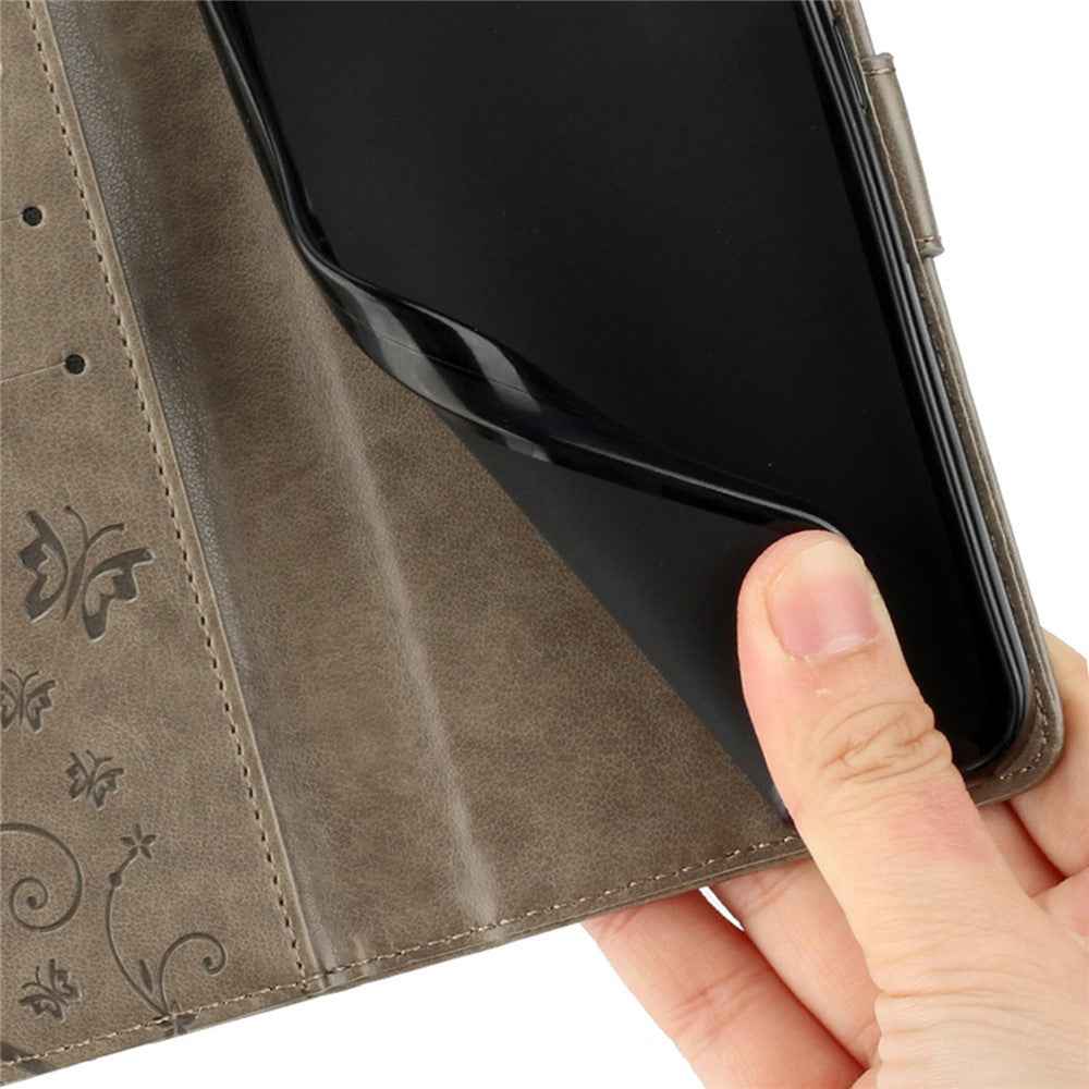 For Xiaomi 17 Pro Leather Wallet Case Butterfly Flower Imprinted Phone Cover with Strap - Grey