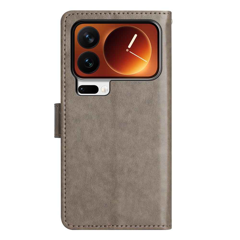 For Xiaomi 17 Pro Leather Wallet Case Butterfly Flower Imprinted Phone Cover with Strap - Grey