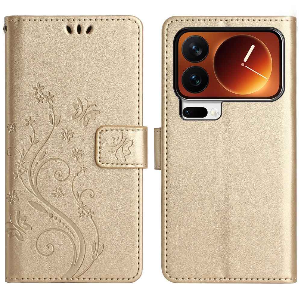 For Xiaomi 17 Pro Leather Wallet Case Butterfly Flower Imprinted Phone Cover with Strap - Gold