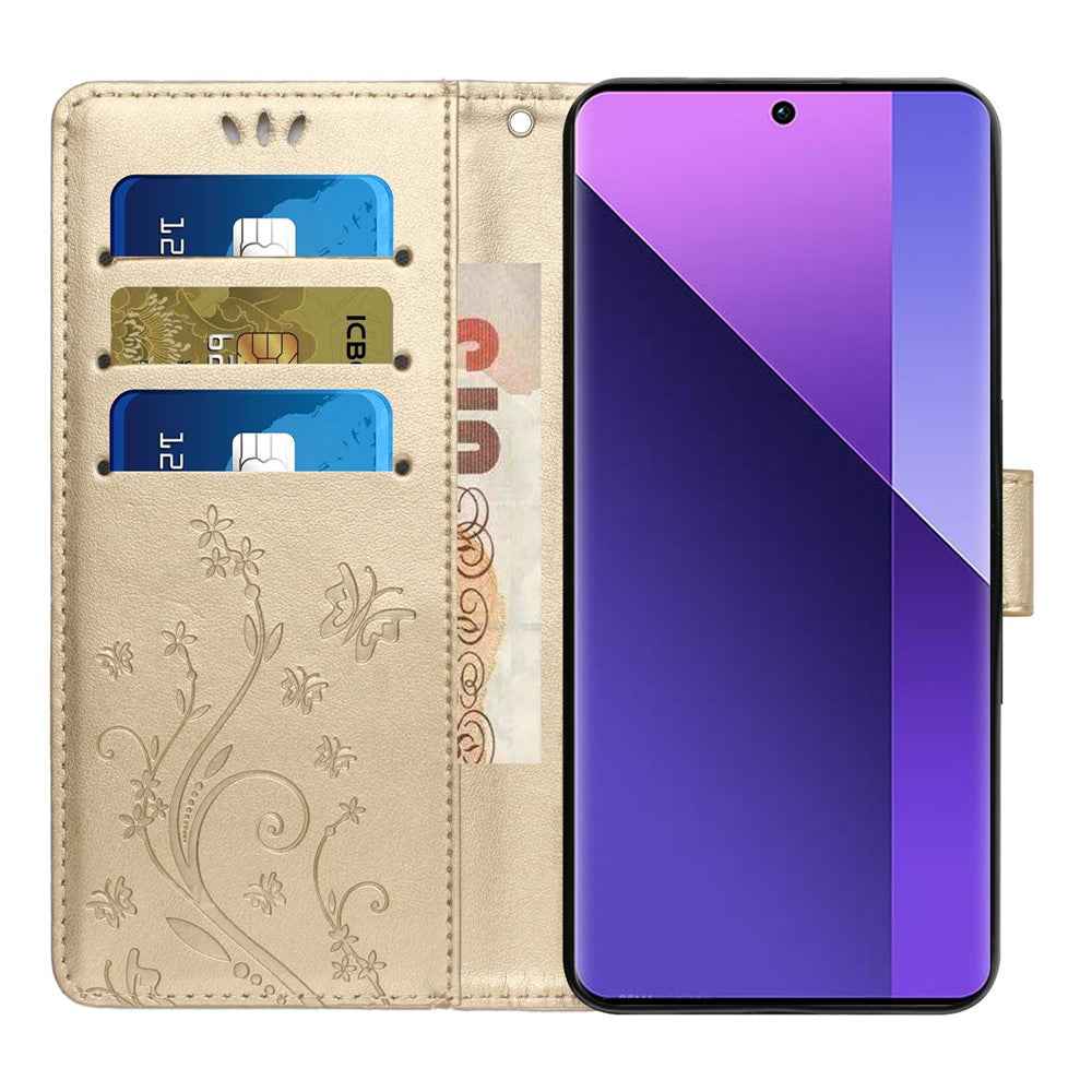 For Xiaomi 17 Pro Leather Wallet Case Butterfly Flower Imprinted Phone Cover with Strap - Gold
