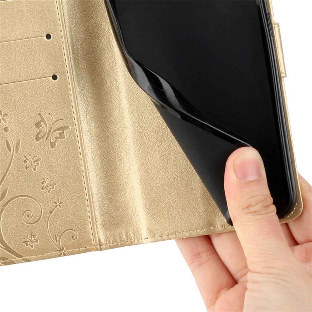 For Xiaomi 17 Pro Leather Wallet Case Butterfly Flower Imprinted Phone Cover with Strap - Gold