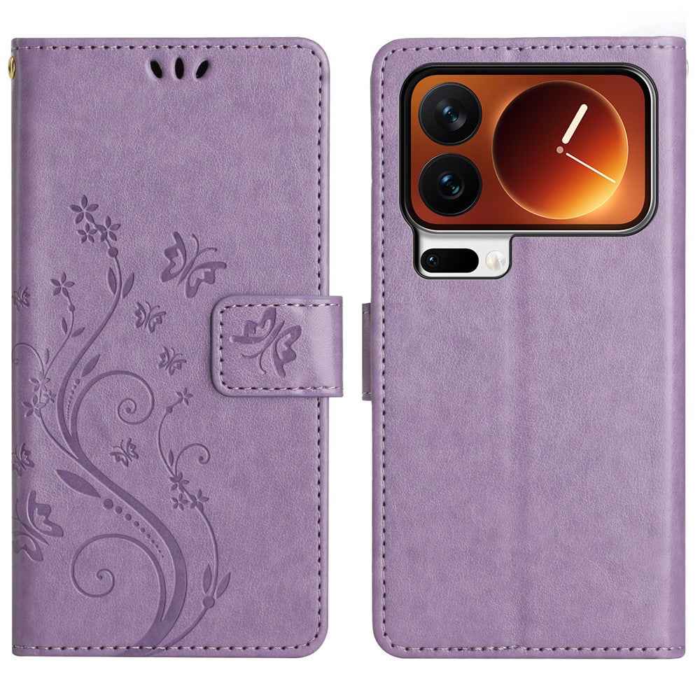 For Xiaomi 17 Pro Leather Wallet Case Butterfly Flower Imprinted Phone Cover with Strap - Light Purple
