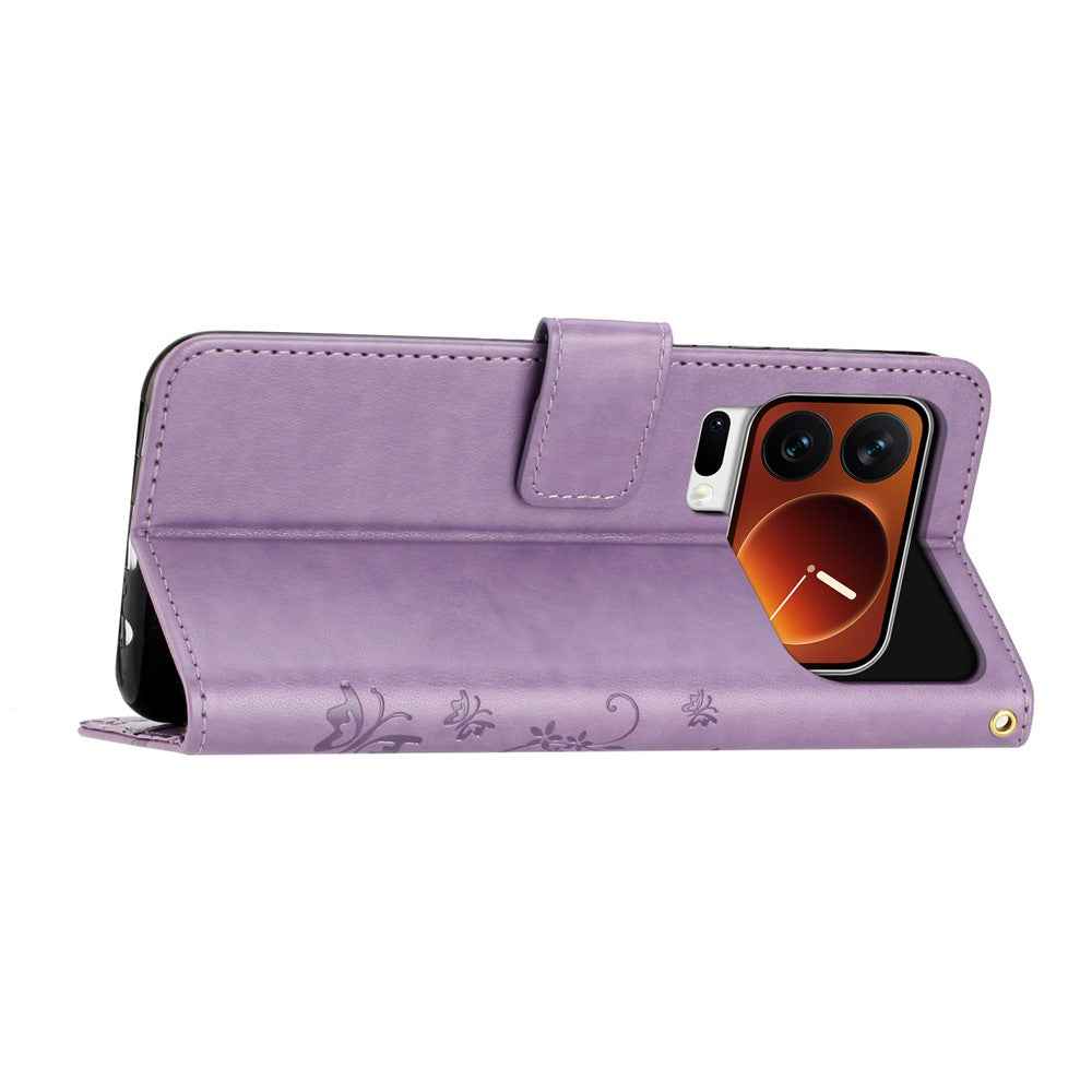 For Xiaomi 17 Pro Leather Wallet Case Butterfly Flower Imprinted Phone Cover with Strap - Light Purple