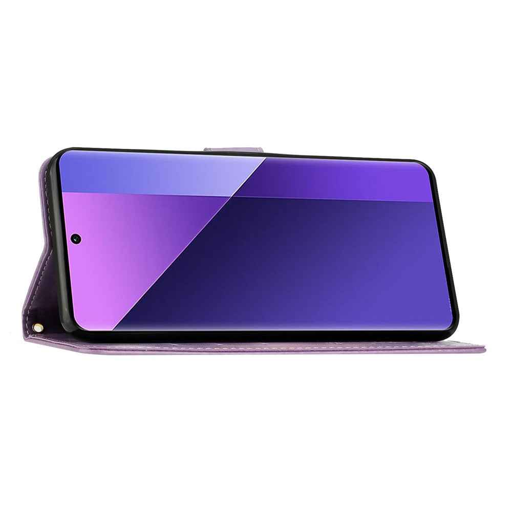 For Xiaomi 17 Pro Leather Wallet Case Butterfly Flower Imprinted Phone Cover with Strap - Light Purple