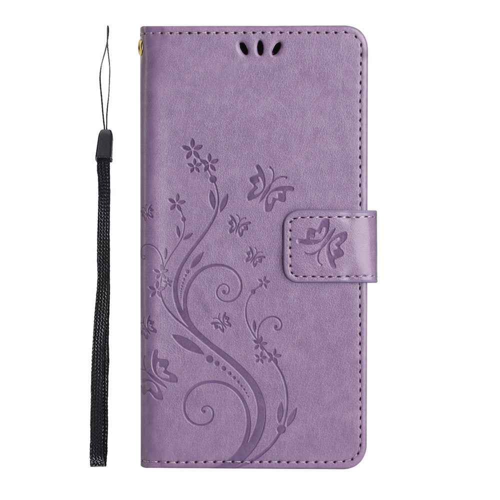 For Xiaomi 17 Pro Leather Wallet Case Butterfly Flower Imprinted Phone Cover with Strap - Light Purple