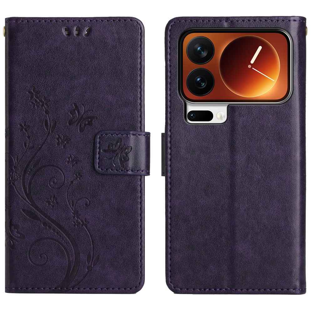 For Xiaomi 17 Pro Leather Wallet Case Butterfly Flower Imprinted Phone Cover with Strap - Dark Purple